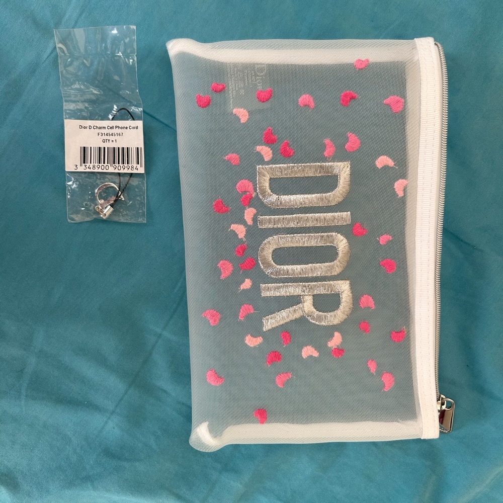 Dior mesh make up bag and a cell phone charm